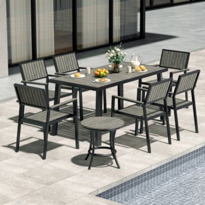8-Piece Aluminum Teak Outdoor Patio Dining Set with Rectangle Table, Small Side Table and 6-Stackable Chairs