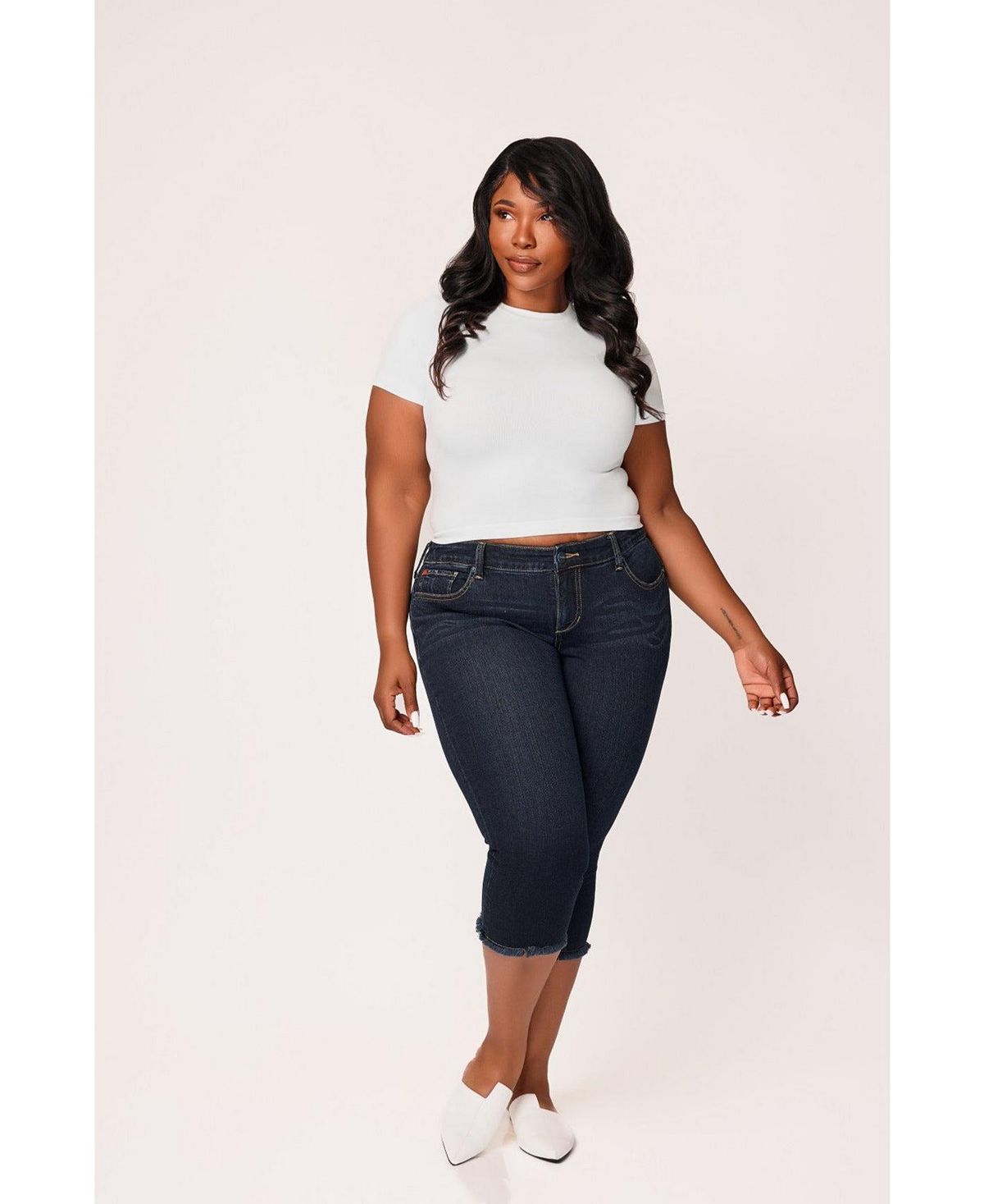 SLINK Jeans Plus Size Denim Crop Jeans with Frayed Hem view 1 — MAYCSS fashion products