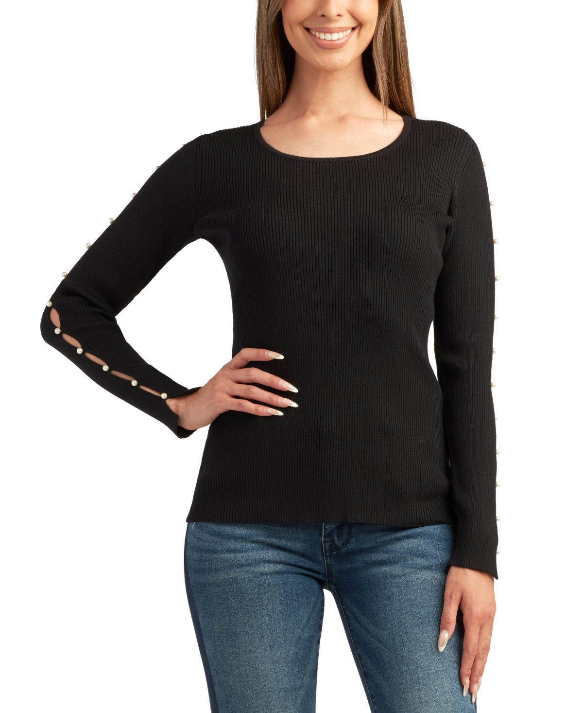 Bcx Juniors' Embellished-sleeve Ribbed Crewneck Sweater In Black