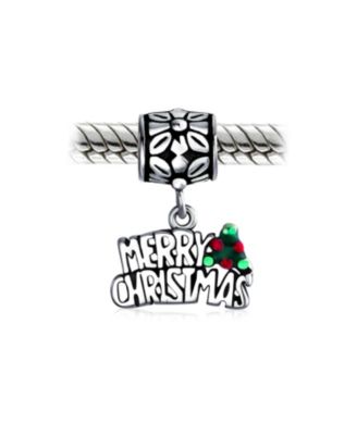 Holly Leaf Dangling Word "Merry Christmas" Charm Bead .925 Sterling Silver