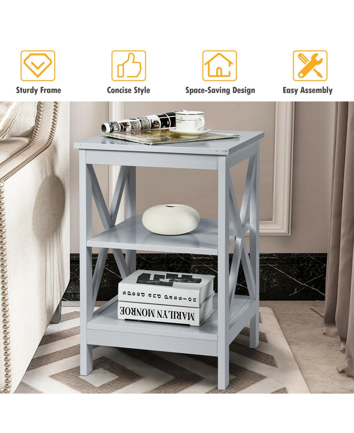 Gymax 3-Tier Nightstand End Table X Design Storage Display Shelf Living Room- Grey