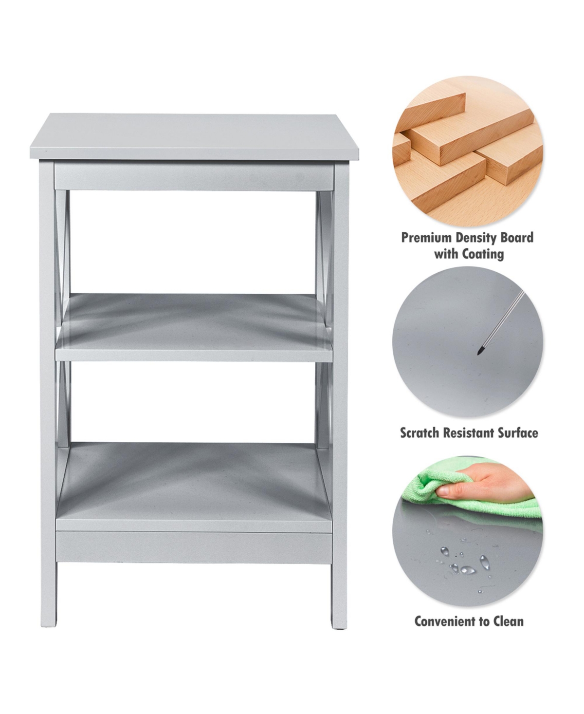 Gymax 3-Tier Nightstand End Table X Design Storage Display Shelf Living Room- Grey