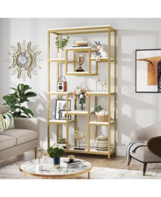 71" Gold Bookshelves Set of 2, 11-Tier Large Tall Open Display Bookshelf, Geometric Cubed Etagere Bookcase, Modern Book Shelf, Gold & White