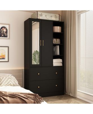 White Wood Armoires Wardrobe With Mirror, Pulling Hanging Rod, Drawers