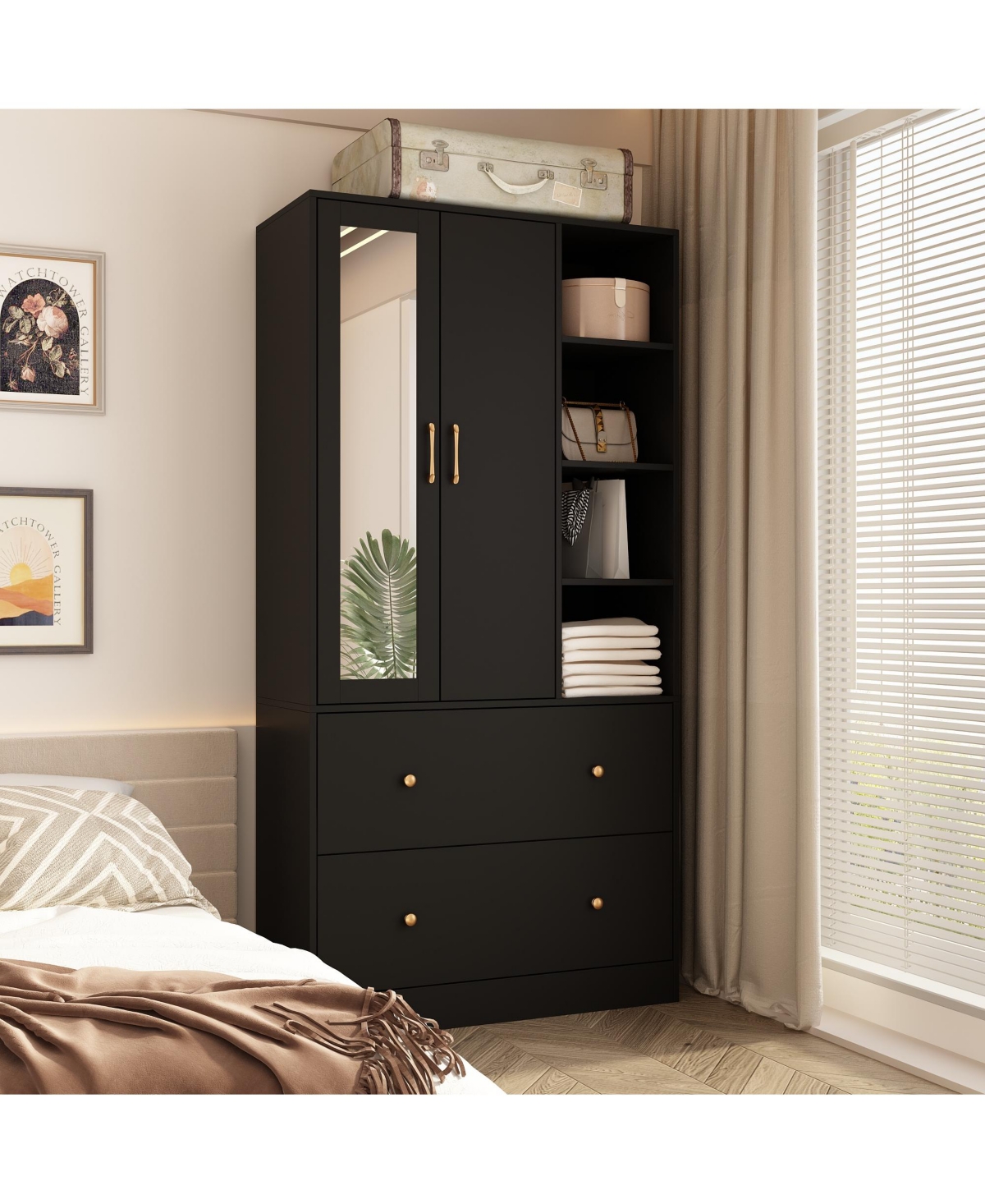 Famapy White Wood Armoires Wardrobe With Mirror, Pulling Hanging Rod, Drawers