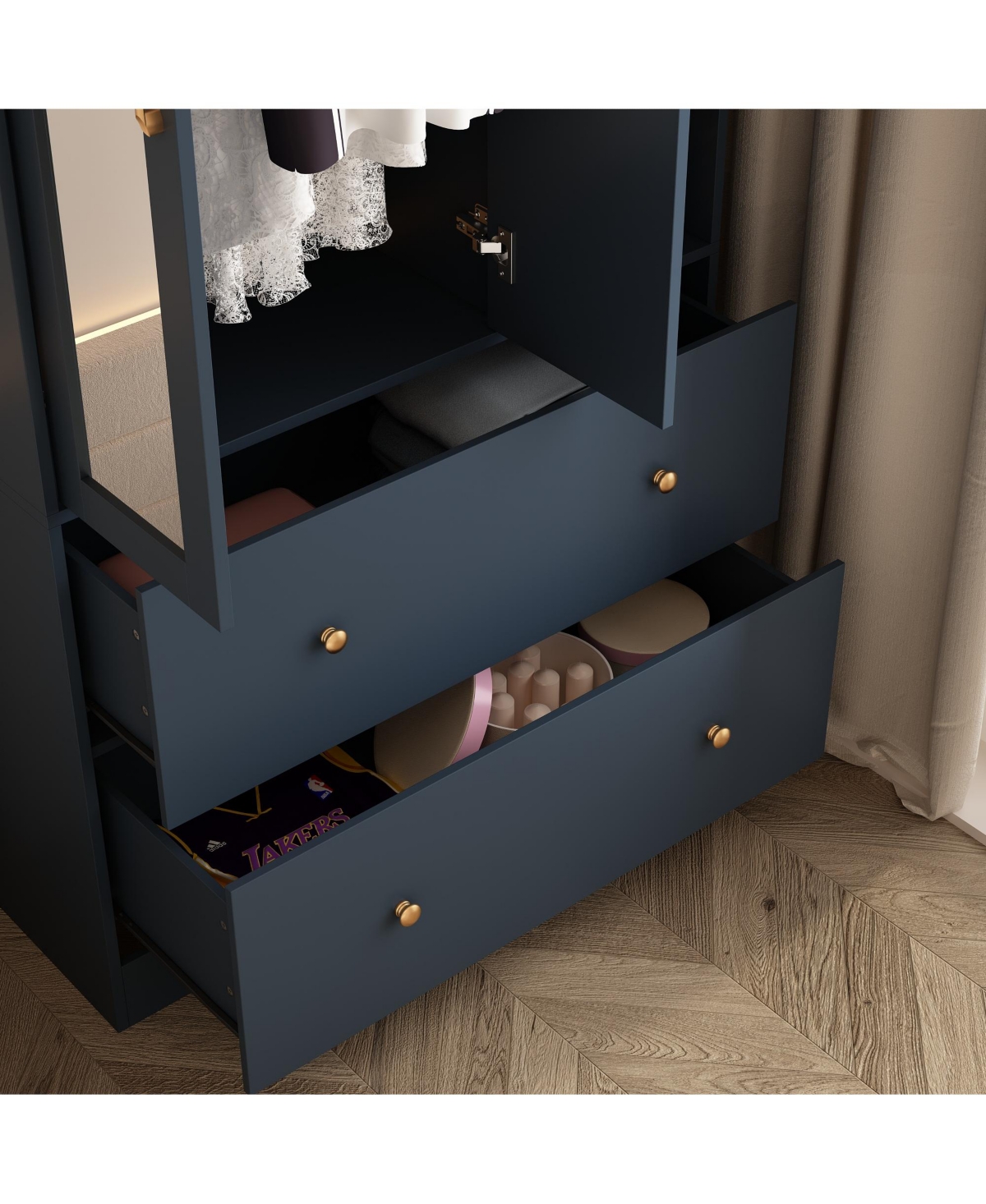 FamapyWood Armoires Wardrobe With Mirror, Pulling Hanging Rod, Drawers - Blue