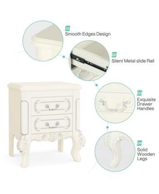 White Nightstand Set of 2: Classic End Tables with 2 Drawers & Carved Design – Ideal for Bedroom or Living Room
