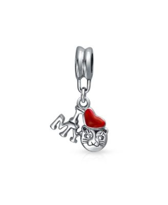 Sterling Silver Kitten Pet Animal Red Heart Saying I Love My Cat Dangle Charm Bead for Bracelet