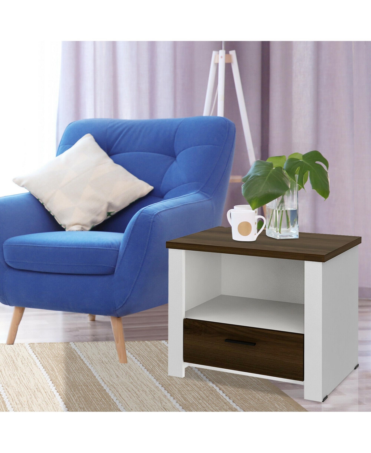 Gymax 2PCS Accent Nightstand Drawer and Open Shelf Sofa End Table Bedroom Living Room - White+dark brown