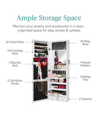 Hanging Mirror Jewelry Armoire, Door or Wall Mounted Cabinet w/ LED Lights, Lock