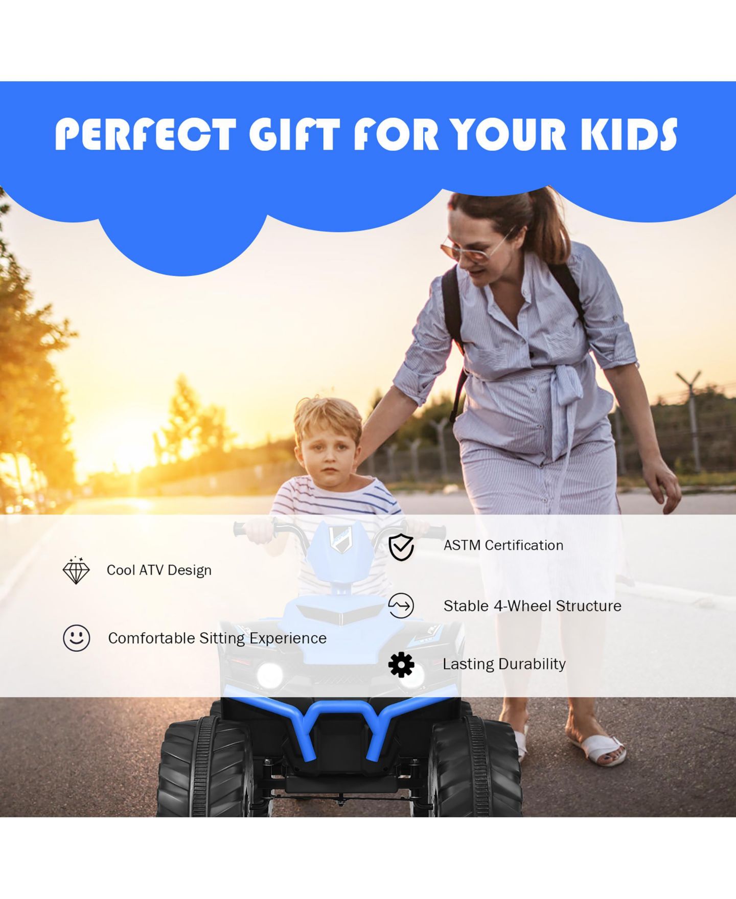 Детская игрушка Costway 12V Kids 4-Wheeler ATV Quad Ride-On Car with LED Lights and Music, 77 lb. Capacity, Ages 3-7, цвет: Синий — фото 7