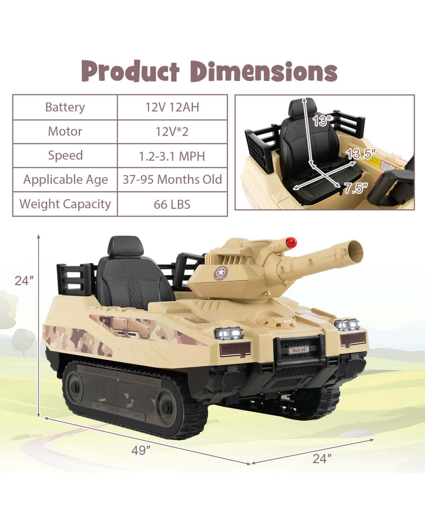Детские игрушки Costway Electric Remote Control Rotatable Turret Kids Ride On Tank, цвет: Коричневый — фото 4