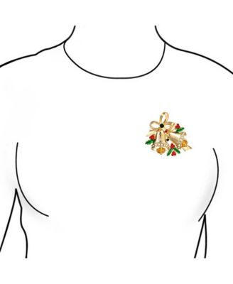 Set of 2 Large Colorful Crystal Christmas Tree and Bells Brooch Pin Gold Plated