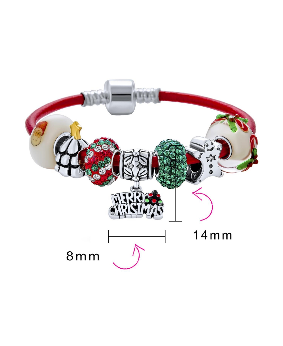 Bling Jewelry Merry Christmas Tree Charm Bracelet with Santa Gingerbread and Candy Cane Beads