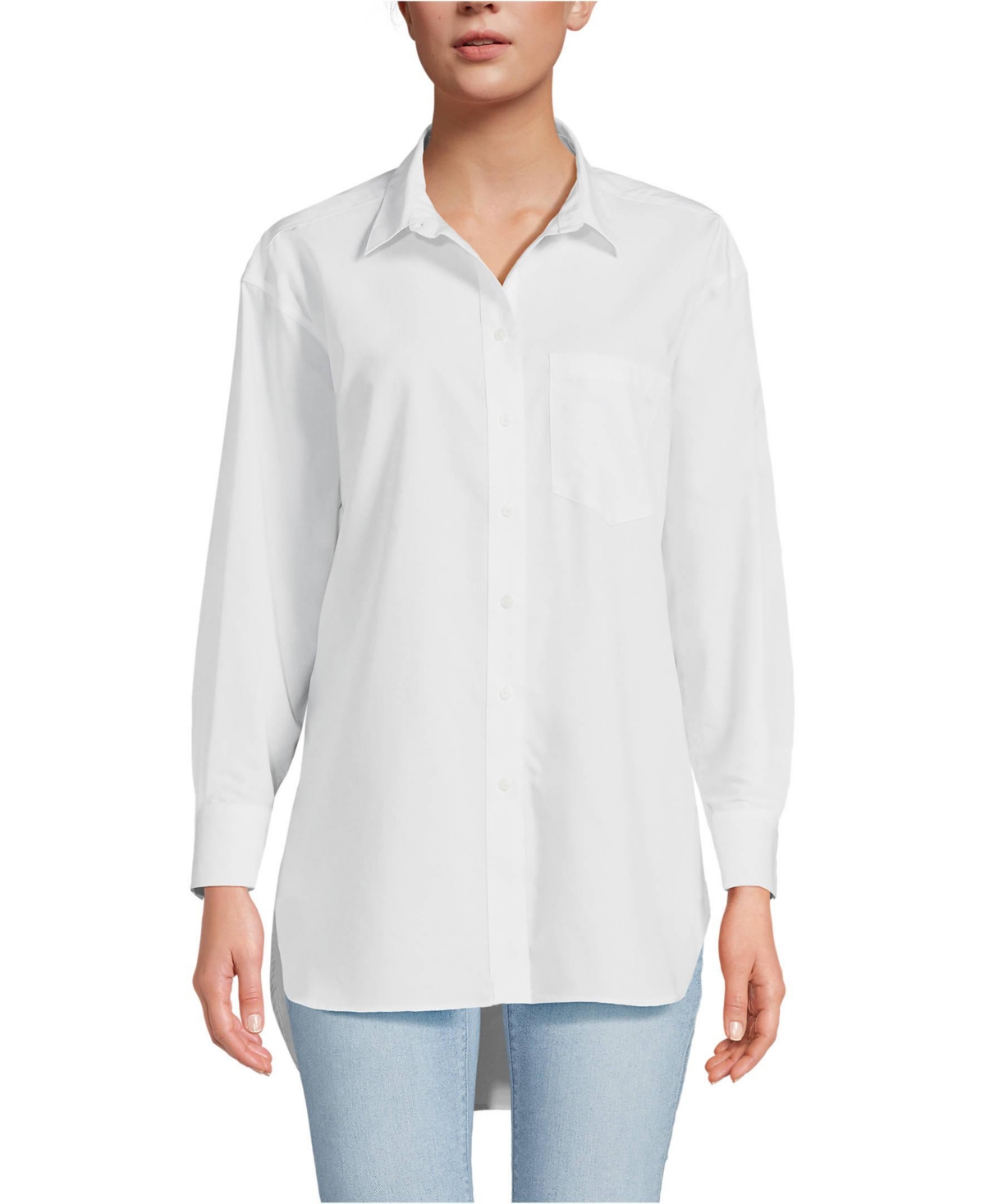 Women's No Iron Poplin Extra Long Tunic - White dual stripe