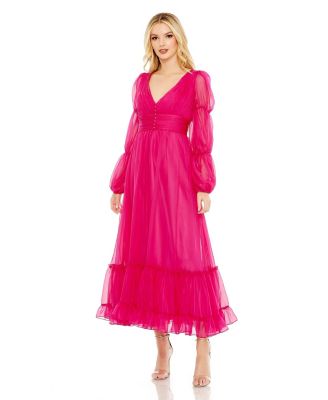 Mac Duggal Women's Chiffon Ruched Tiered Puff Sleeve A Line Dress - Macy's