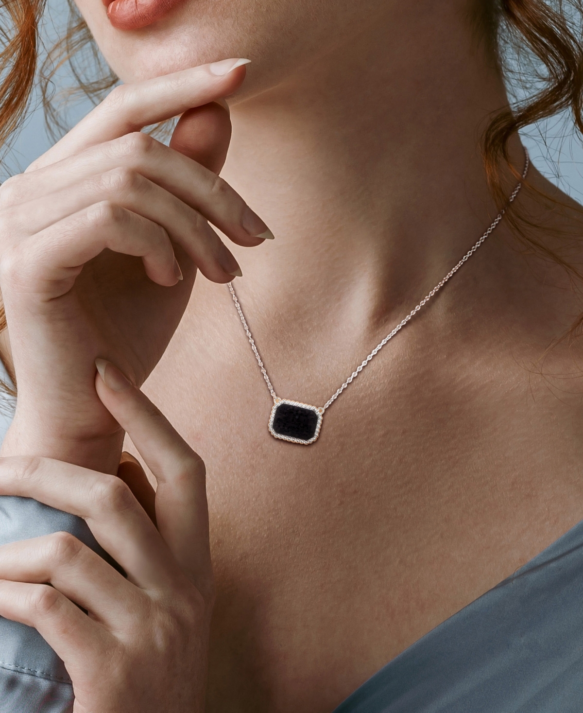 Macy's Black Agate Bead-framed Rectangular 17" Pendant Necklace In Sterling Silver (also In Hematite, Lapis In Black Agate