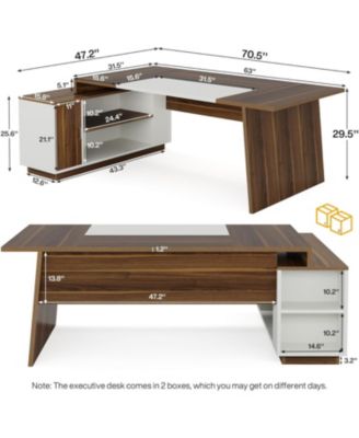 70.5-Inch Executive Office Desk: Modern L-Shaped Desk with File Cabinet and Storage Shelves, Large Wood Computer Desk, Walnut & White