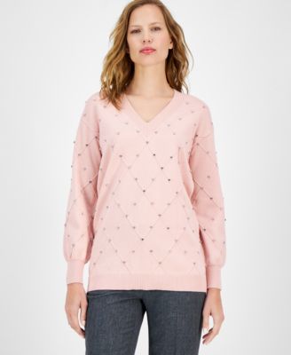 Anne Klein Women's Rhinestone V-Neck Sweater - Macy's