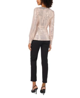 Women's Sequined Faux-Wrap Long-Sleeve Top