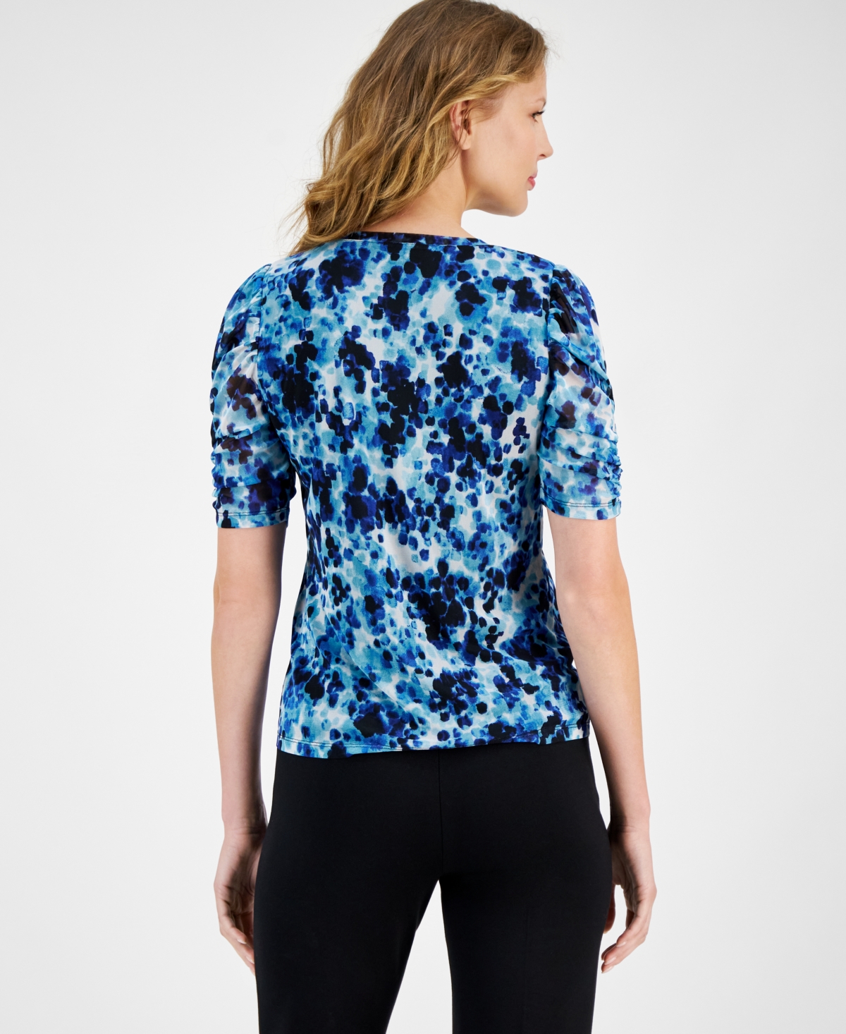 Anne Klein Petite Jewel-Neck Ruched-Sleeve Mesh Top