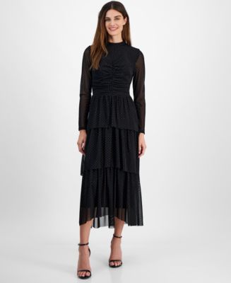 Sparkly Sequin Polka Dot Ruffle Mock Neck Tiered Tulle Maxi Evening Dress