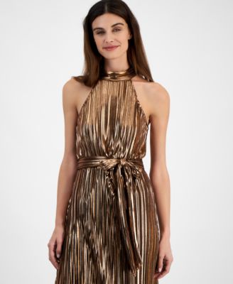 Women's Metallic Mock Neck Halter Dress