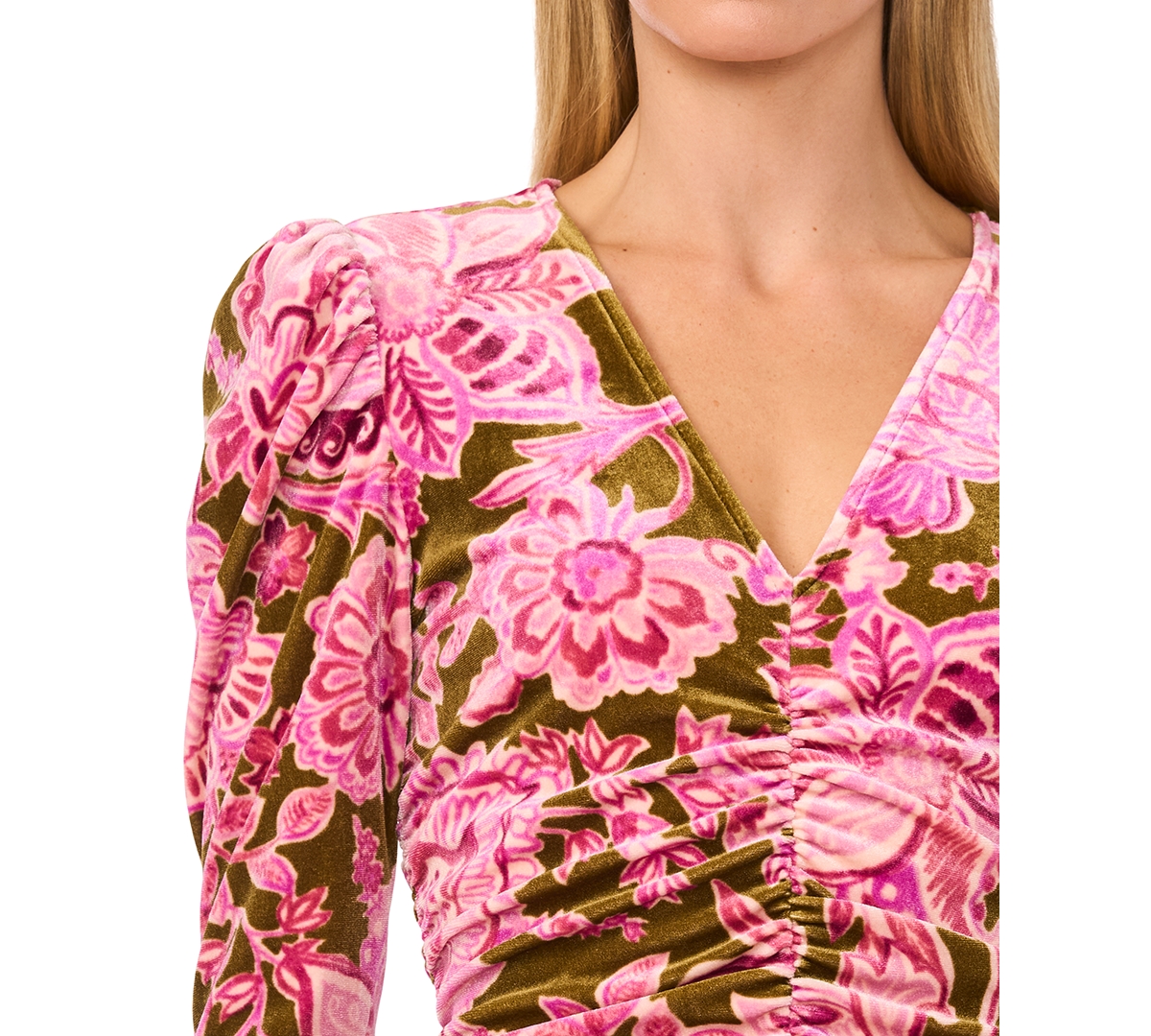 CeCe Women's Velvet Floral-Print Ruched Top