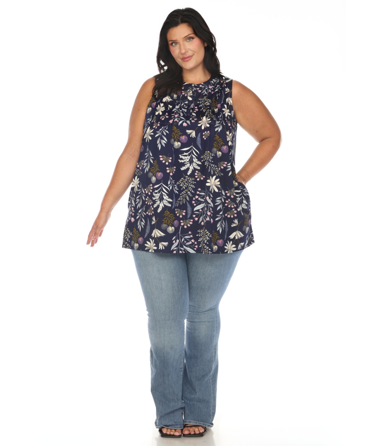 White Mark Plus Size Floral Sleeveless Tunic Top In Navy