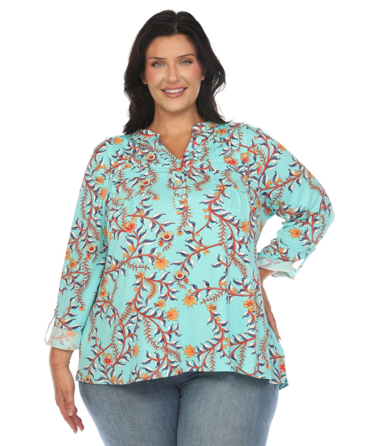 WHITE MARK PLUS SIZE PAISLEY BUTTON FRONT TUNIC TOP 