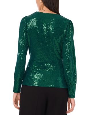 Women's Sequined Faux-Wrap Long-Sleeve Top