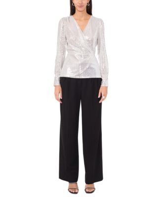 Women's Sequined Faux-Wrap Long-Sleeve Top