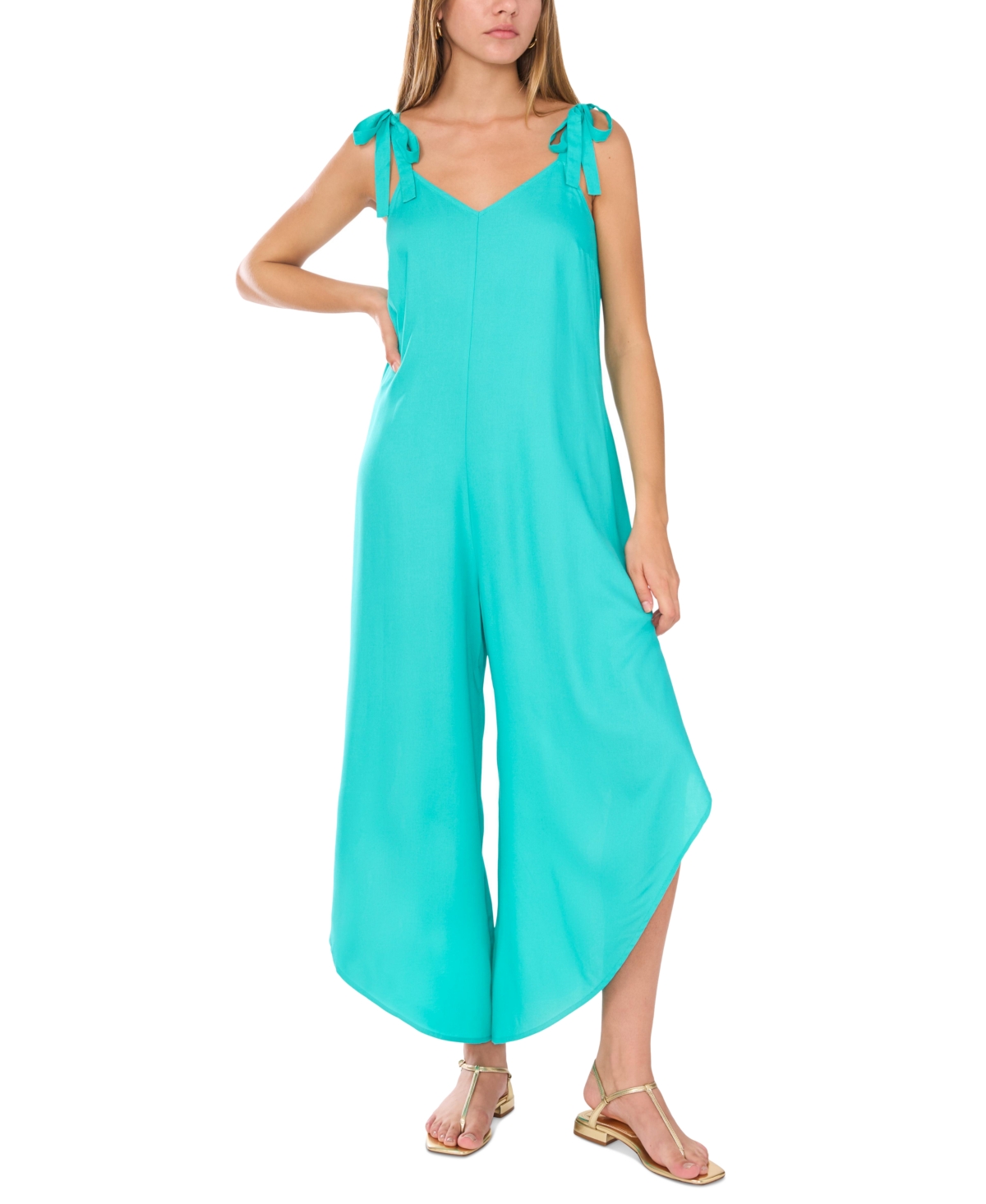 Women's V-Neck Sleeveless Tie-Shoulder Angled-Hem Jumpsuit - Bright Teal