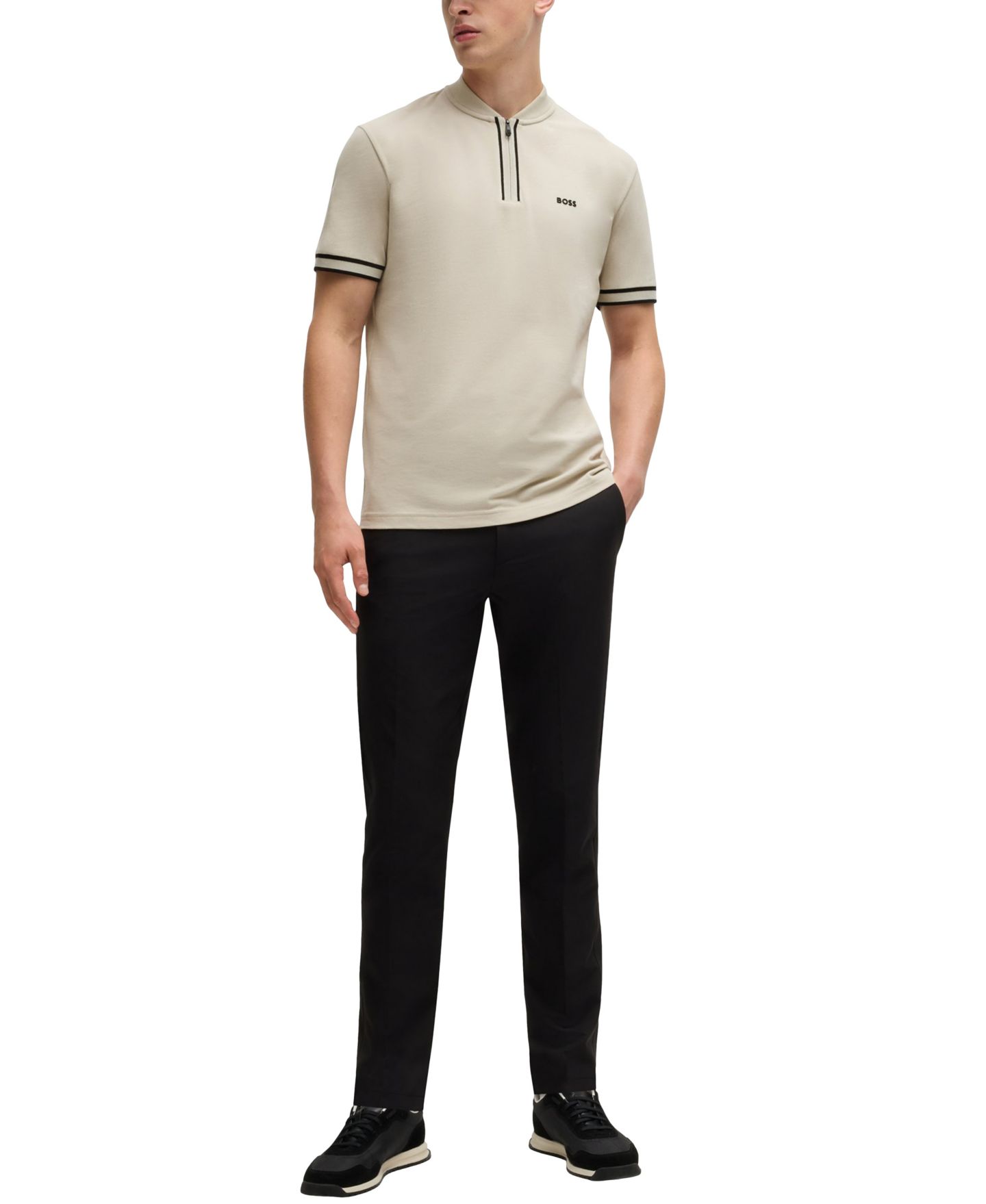 Мужское поло Hugo Boss Cotton-Pique Zip-Neck Polo, цвет: Бежевый — фото 2