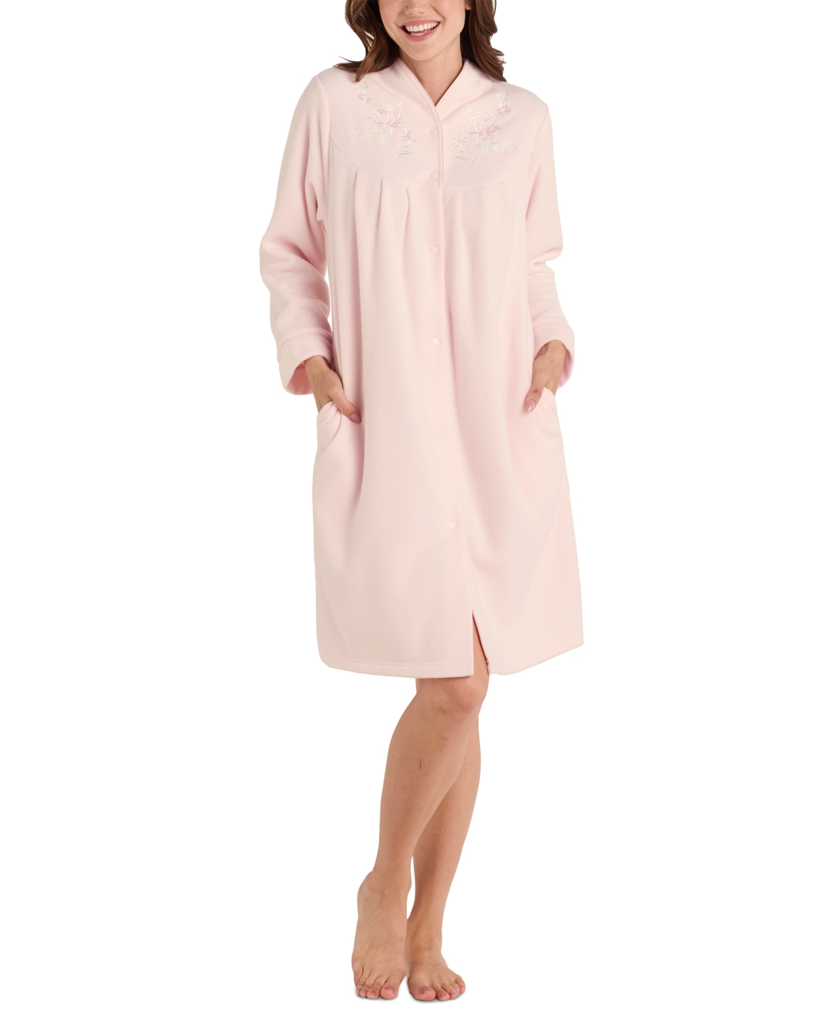Miss Elaine Women's Embroidered Fleece Short Robe In Peach