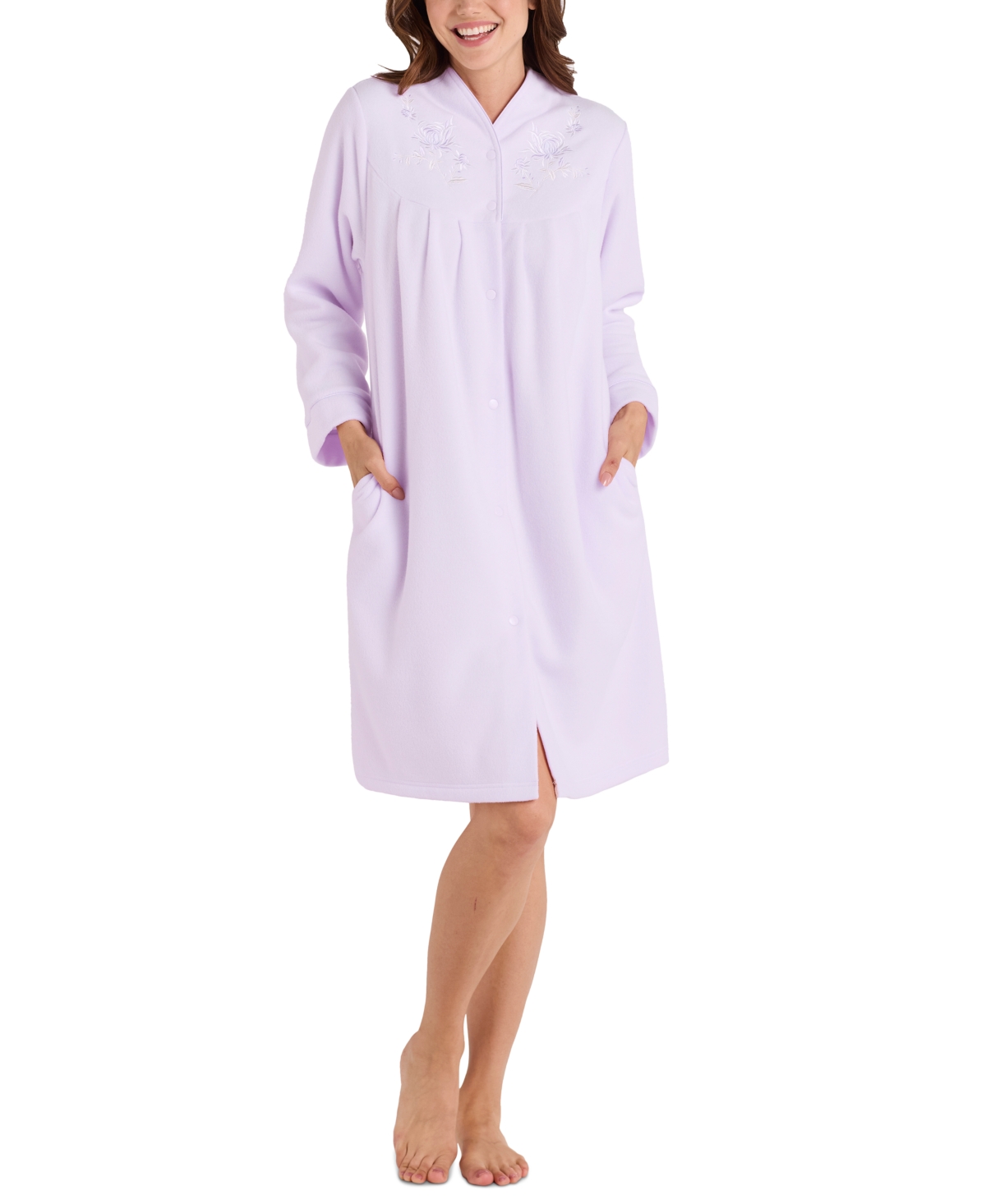 Miss Elaine Plus Size Embroidered Fleece Short Robe In Lilac