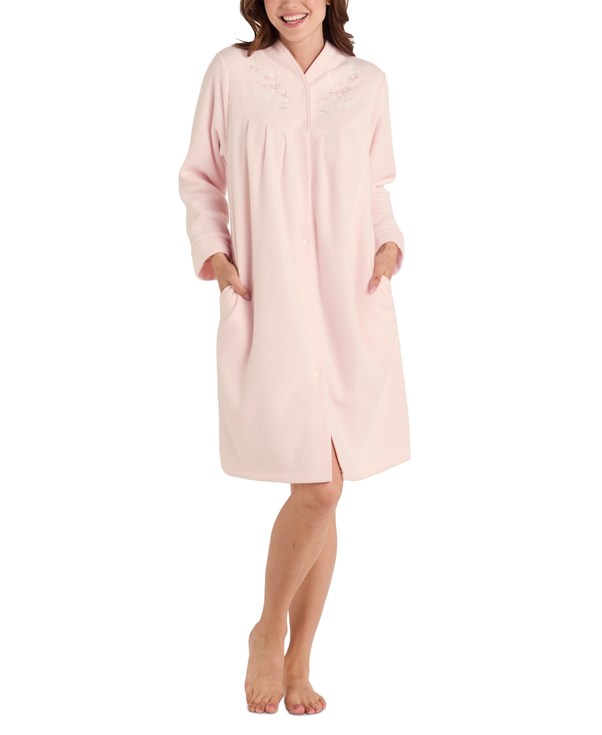 Miss Elaine Plus Size Embroidered Fleece Short Robe In Peach