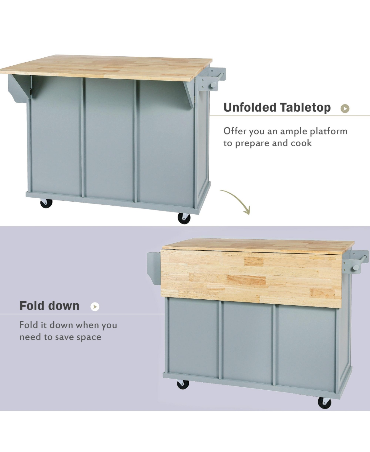 Slickblue Kitchen Cart with Rubber Wood Drop-Leaf Countertop Cabinet Door with Internal Storage Racks, 5 Wheels, 3 Drawers