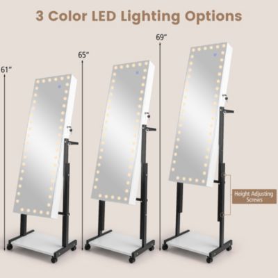3-Color 46 LED Lights Mirror Jewelry Cabinet Armoire Adjustable Height with Wheels