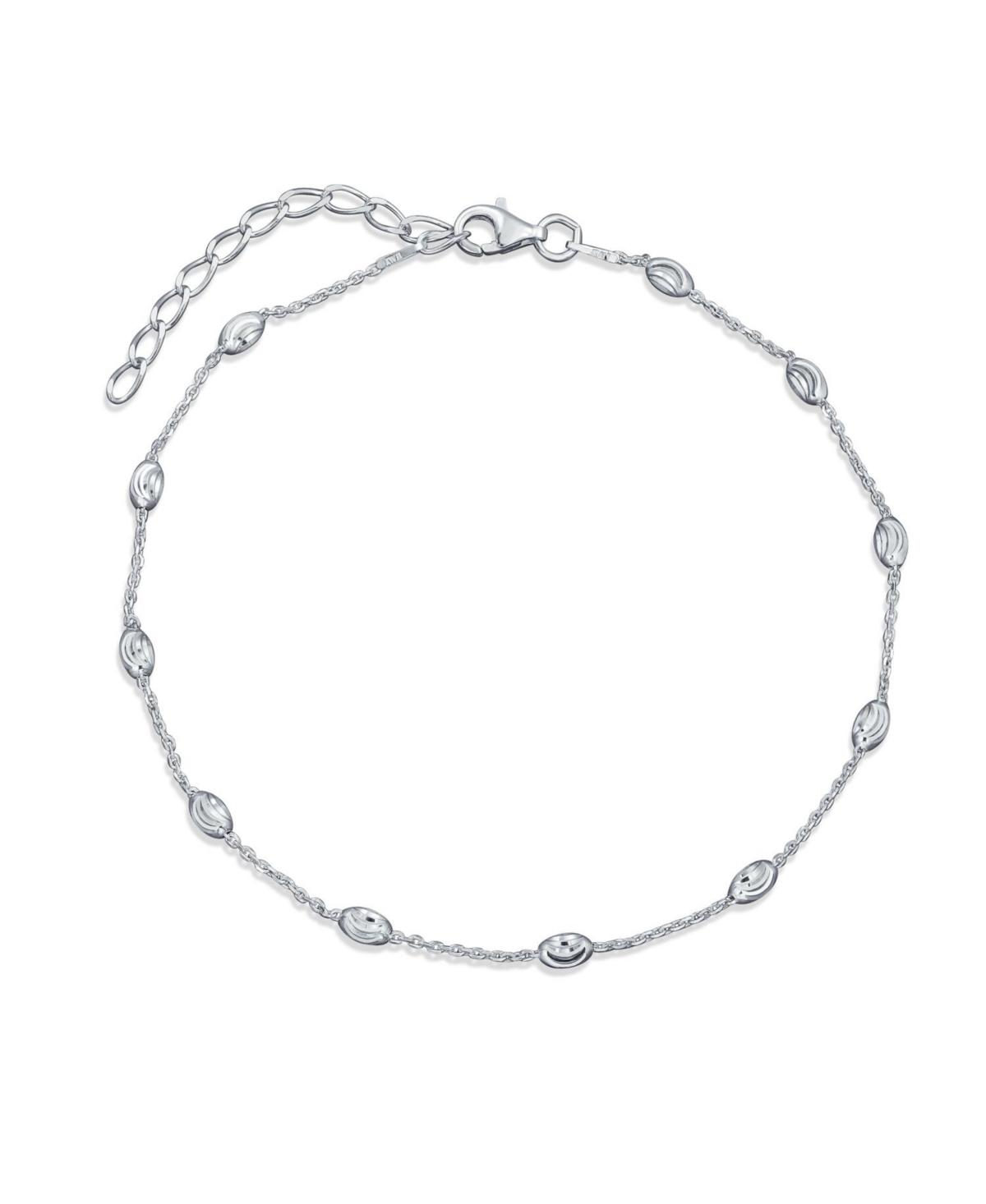 Hot Wife Oval Beads Chain Station Link Ankle Bracelet Anklet .925 Sterling Silver Adjustable 9 To 10 Inch With Extender - Silver