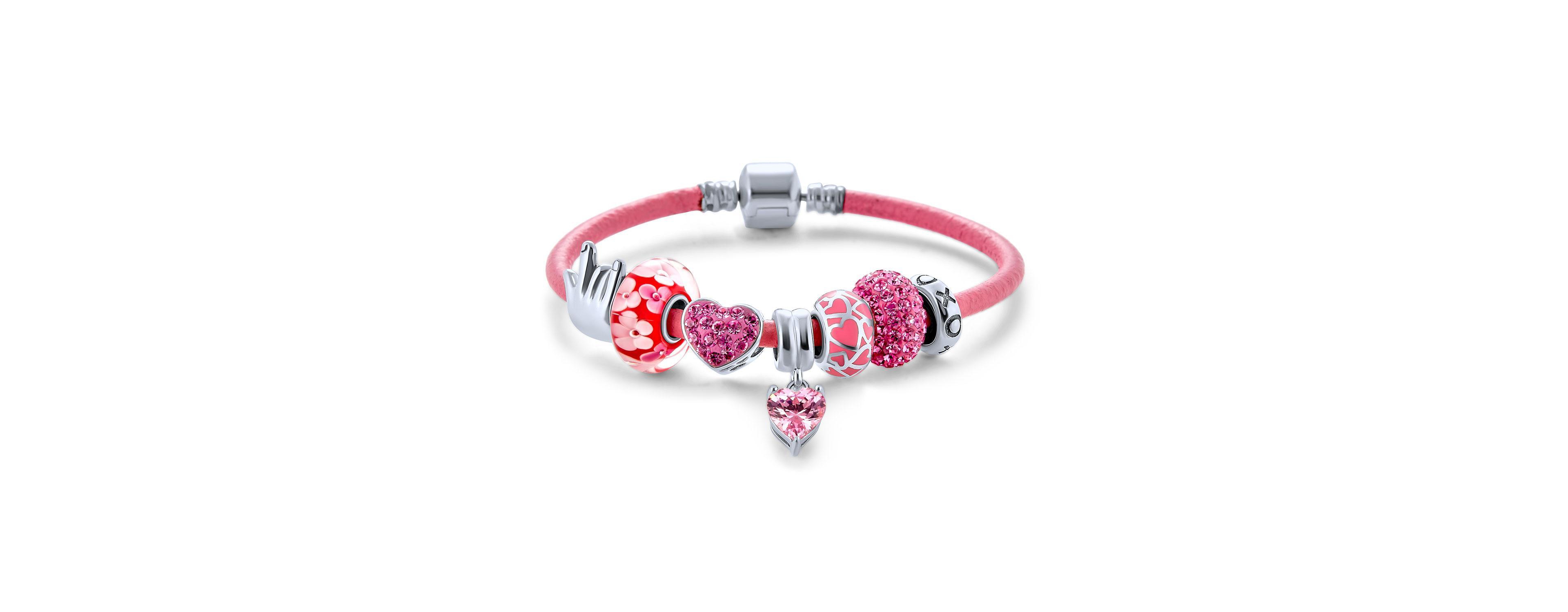 Bling Jewelry I Love You Hand Sign Heart Princess Themed Beads Multi Charm Bracelet For Women .925 Sterling Silver Pink Leather European Barrel Snap C