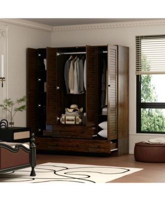  Wood   4 Shutter Doors   Drawers & Hanging Rod  Freestanding Bedroom Armoire