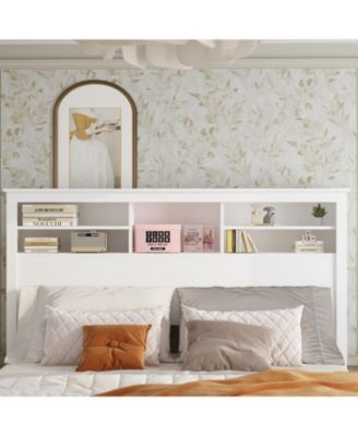 White Bookcase Headboard With Strong Storage And LED Light