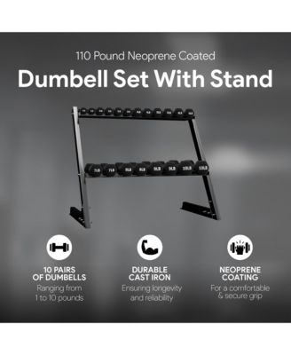 110 Pound Neoprene Coated Dumbbell Set with Stand, Black