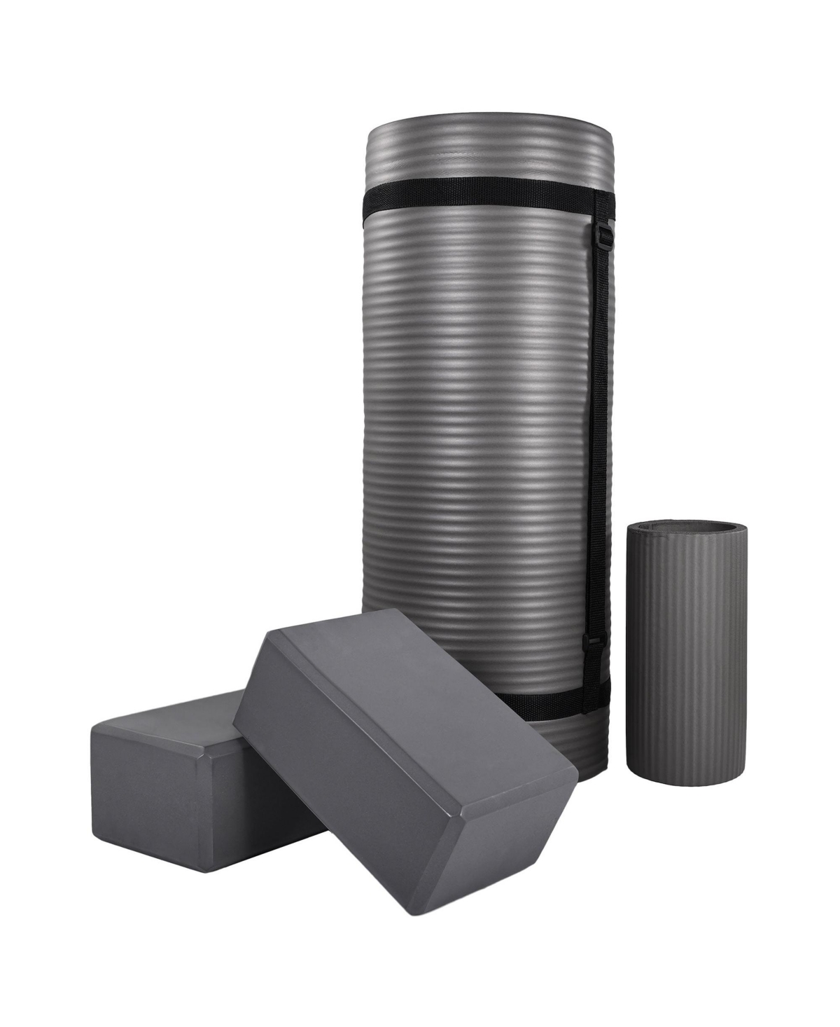 71&#x22;x24&#x22; Anti Tear Yoga Mat w/Strap, Knee Pad & Blocks, Gray - Gray