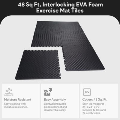 48 Sq Ft Interlocking EVA Foam Exercise Mat Tiles, Black