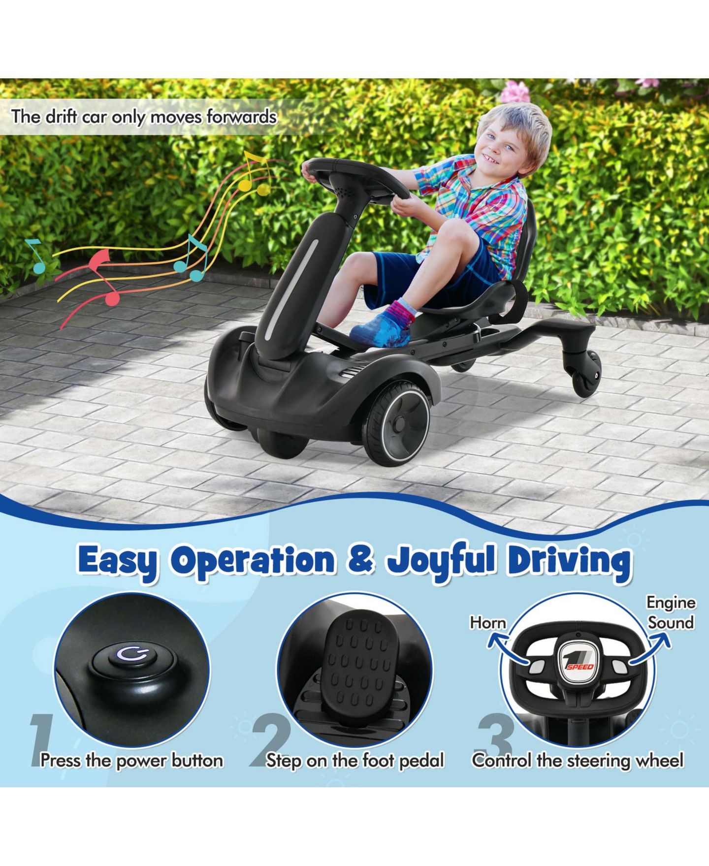 Детская игрушка Costway 6V Kids Ride-On Drift Car 360-Degree Spin Go-Kart, 55 lb. Capacity, Ages 3-8, цвет: Чёрный — фото 10