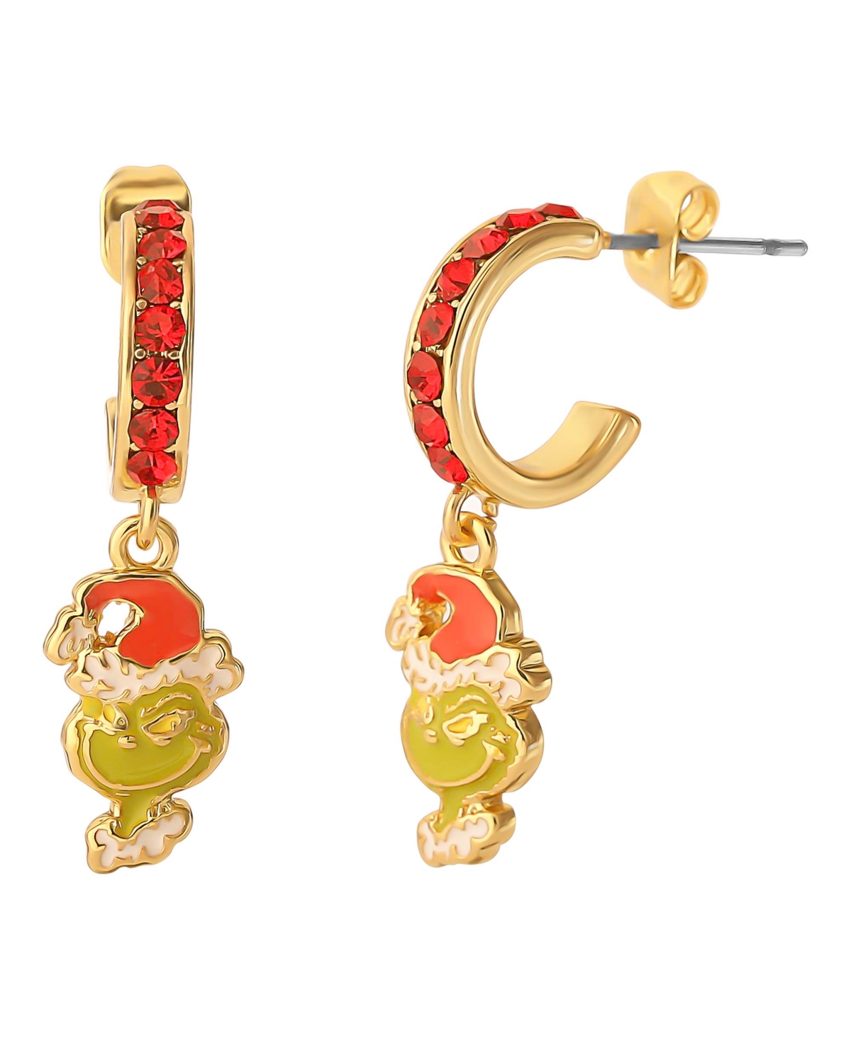 Dr Seuss Grinch Crystal Charm Hoop Earrings - Gold tone, red, green