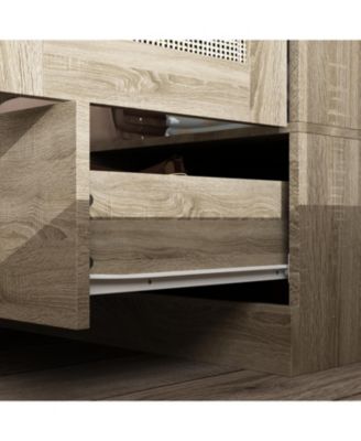 Brown Rattan Doors Wardrobe with 3-Drawers,Hanging Rod,Top Cabinet