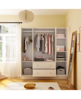 White 4-Door Armoires with Mirror, 2 Hanging Rods, 2-Drawers